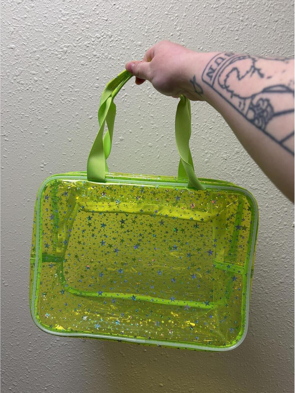 Clear Neon Green Tote Bag with Star Glitter